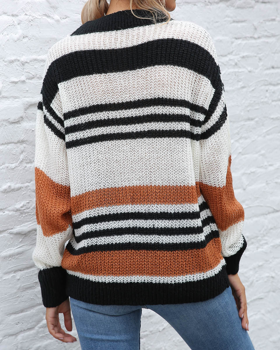 KONTRASTGESTREIFTER RUNDHALS-LANGARMPULLOVER | MODERNER STIL, KOMFORTABEL, VIELSEITIG