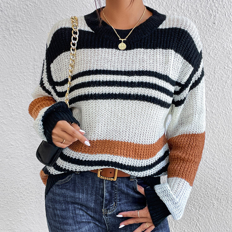 KONTRASTGESTREIFTER RUNDHALS-LANGARMPULLOVER | MODERNER STIL, KOMFORTABEL, VIELSEITIG